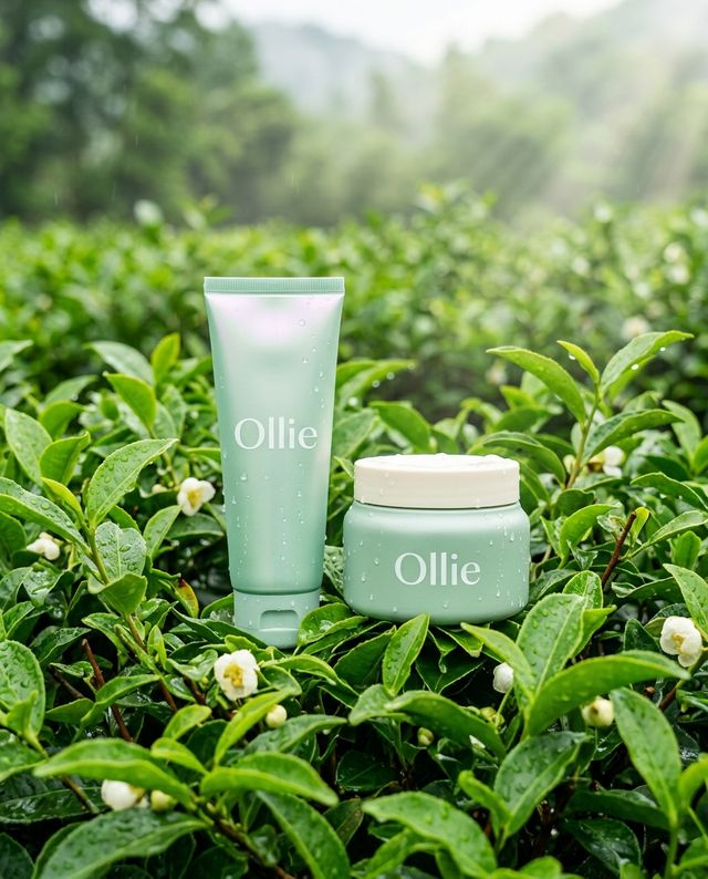 Pale green Ollie tube and jar among wet tea leaves