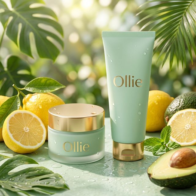 Pale green Ollie tube and jar among lemons and tropical foliage